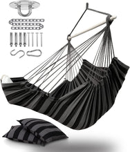 Load image into Gallery viewer, ADVOKAIR Hanging Hammock Chair Large Swing Chair with Foot Rest and Hardware,Max 500lbs,Steel Spread Bar with Anti Slips, 2 Cushions and Side Pocket ,Indoor/Outdoor Use