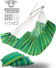 Load image into Gallery viewer, ADVOKAIR Hanging Hammock Chair Large Swing Chair with Foot Rest and Hardware,Max 500lbs,Steel Spread Bar with Anti Slips, 2 Cushions and Side Pocket ,Indoor/Outdoor Use