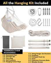Load image into Gallery viewer, ADVOKAIR Hanging Hammock Chair Large Swing Chair with Foot Rest and Hardware,Max 500lbs,Steel Spread Bar with Anti Slips, 2 Cushions and Side Pocket ,Indoor/Outdoor Use