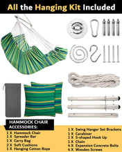 Load image into Gallery viewer, ADVOKAIR Hanging Hammock Chair Large Swing Chair with Foot Rest and Hardware,Max 500lbs,Steel Spread Bar with Anti Slips, 2 Cushions and Side Pocket ,Indoor/Outdoor Use