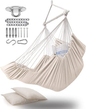 Load image into Gallery viewer, ADVOKAIR Hanging Hammock Chair Large Swing Chair with Foot Rest and Hardware,Max 500lbs,Steel Spread Bar with Anti Slips, 2 Cushions and Side Pocket ,Indoor/Outdoor Use
