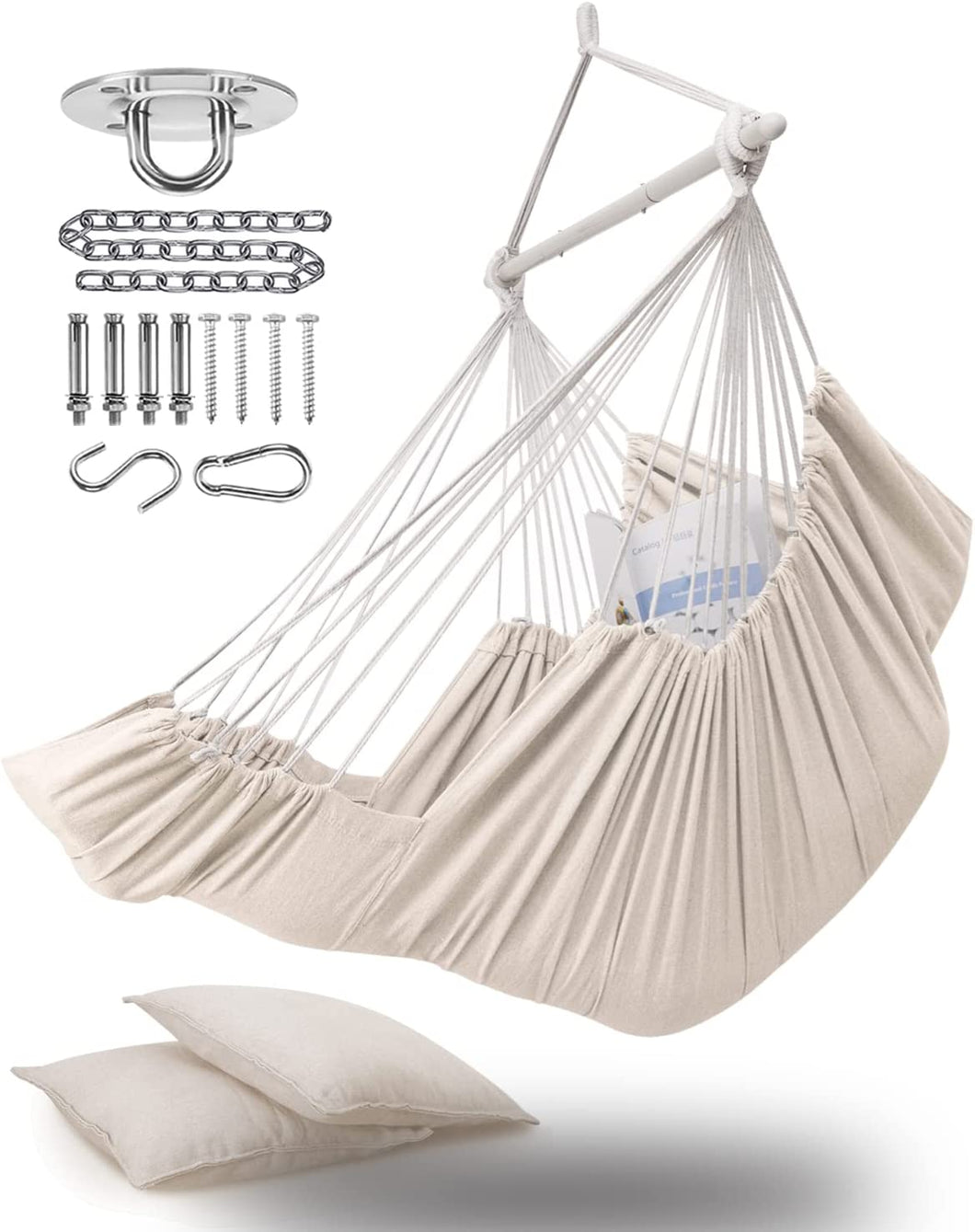 ADVOKAIR Hanging Hammock Chair Large Swing Chair with Foot Rest and Hardware,Max 500lbs,Steel Spread Bar with Anti Slips, 2 Cushions and Side Pocket ,Indoor/Outdoor Use