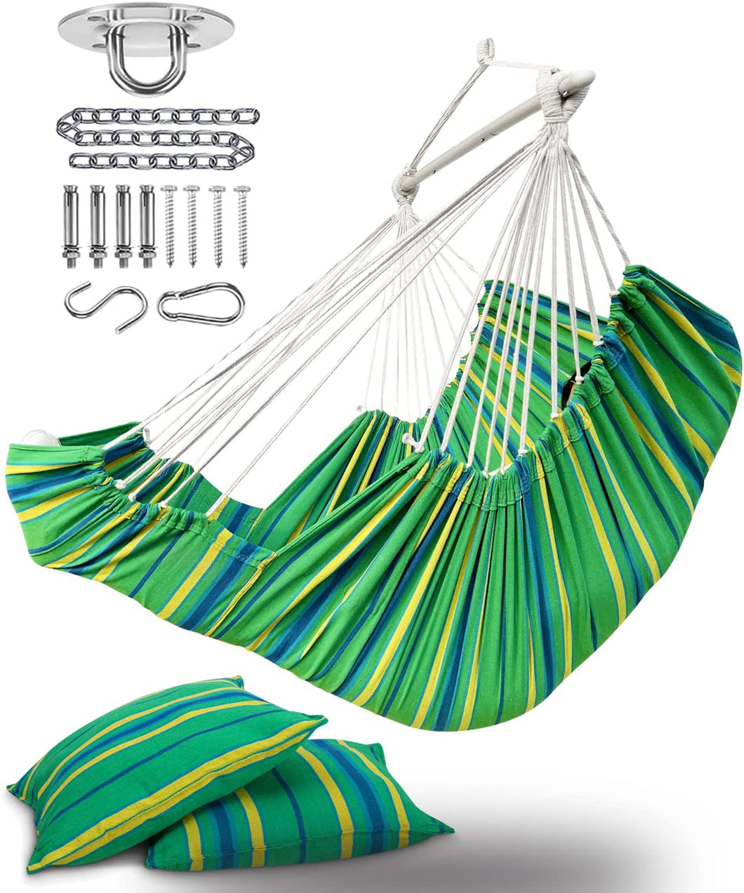 ADVOKAIR Hanging Hammock Chair Large Swing Chair with Foot Rest and Hardware,Max 500lbs,Steel Spread Bar with Anti Slips, 2 Cushions and Side Pocket ,Indoor/Outdoor Use