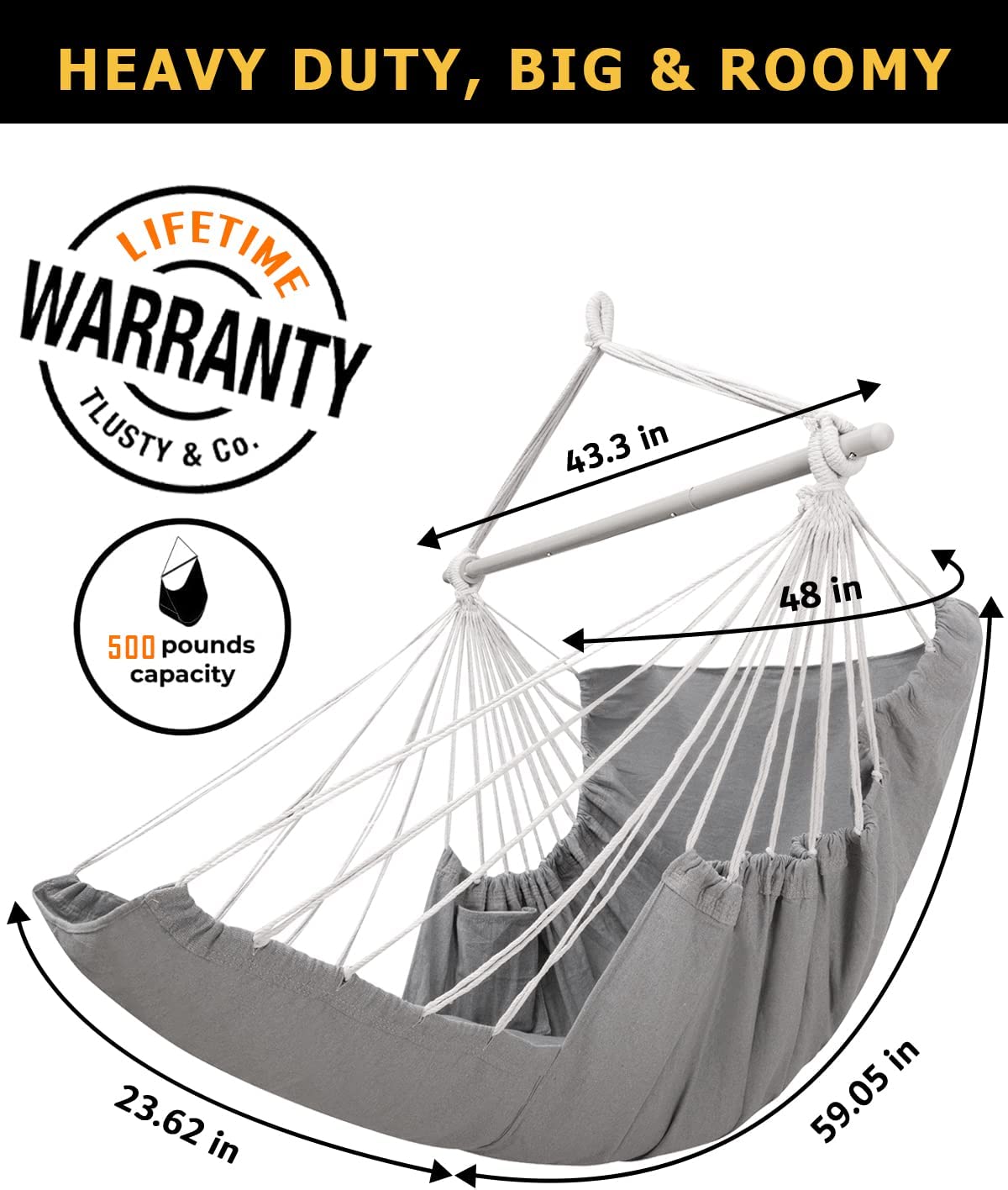 Hammock Chair Hanging Rope Swing with Foot Rest Support - Max 500 Lbs (Grey)