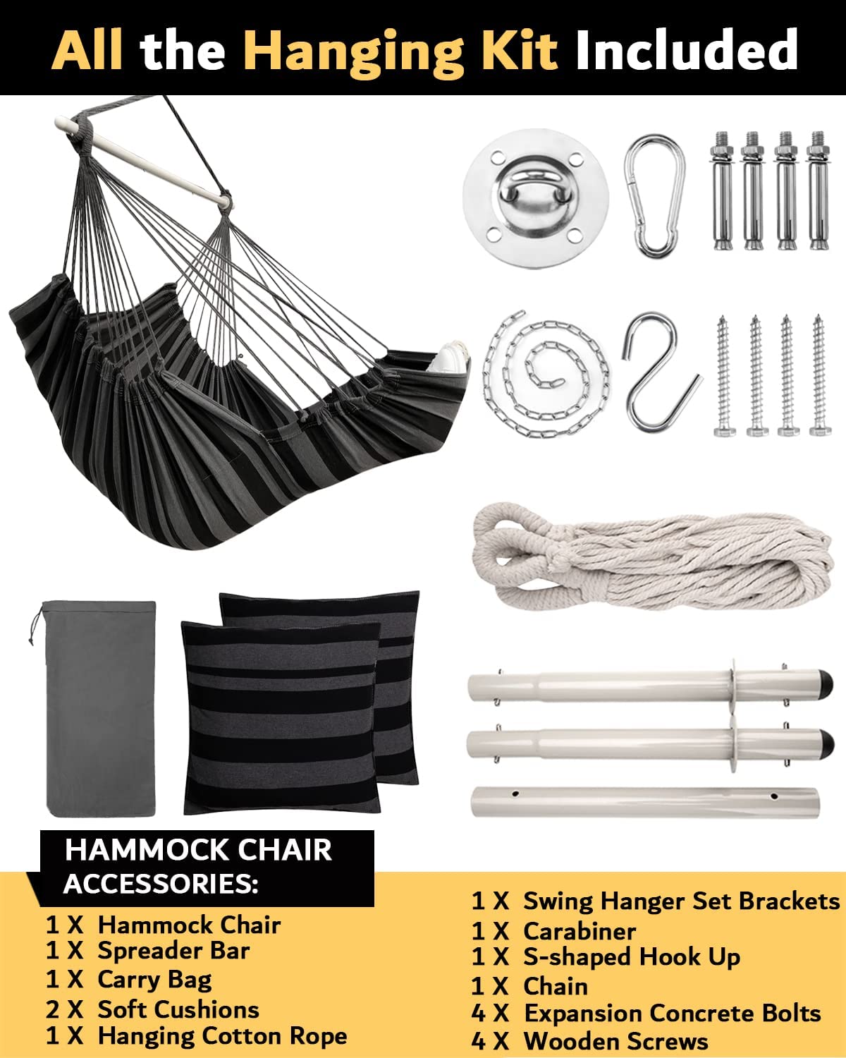 Hammock Chair Swing with Foot Rest, Side Pocket, and Pillows - Cotton Weave